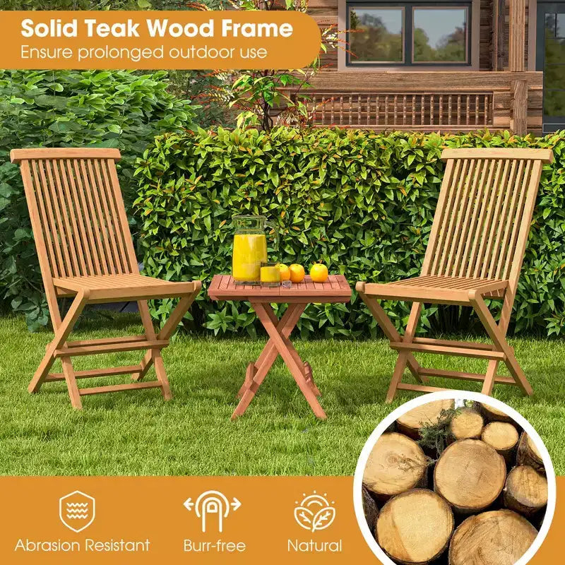 Costway Ensemble bistro de patio 3 pièces - Table carrée, chaise pliante en bois de teck d'Indonésie, plateau et assise à lattes