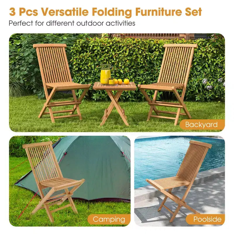 Costway Ensemble bistro de patio 3 pièces - Table carrée, chaise pliante en bois de teck d'Indonésie, plateau et assise à lattes