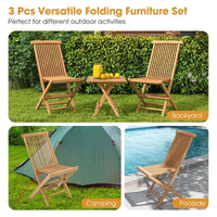 Costway Ensemble bistro de patio 3 pièces - Table carrée, chaise pliante en bois de teck d'Indonésie, plateau et assise à lattes