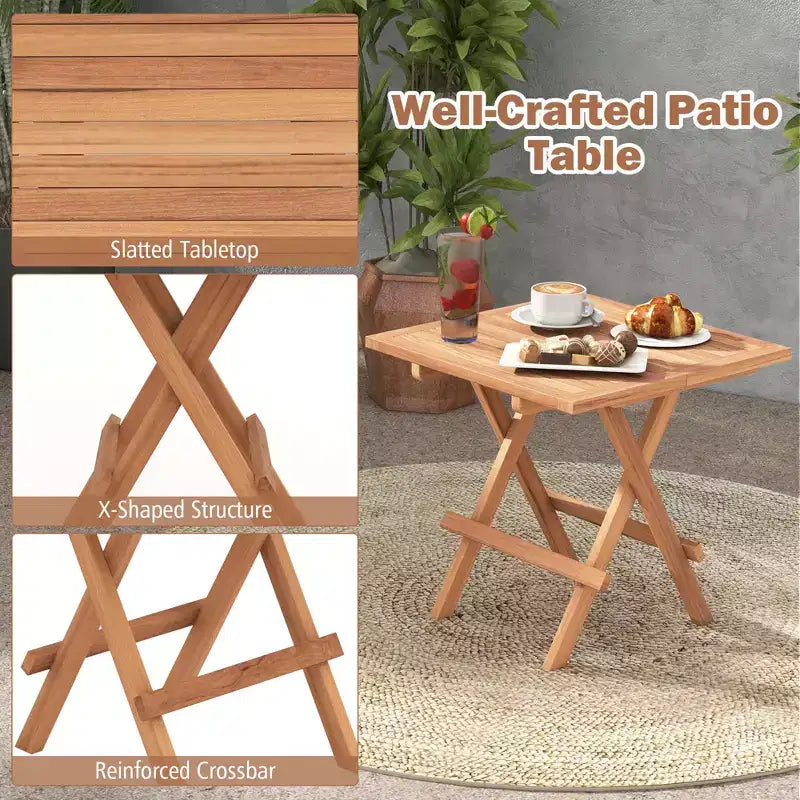 Costway Ensemble bistro de patio 3 pièces - Table carrée, chaise pliante en bois de teck d'Indonésie, plateau et assise à lattes