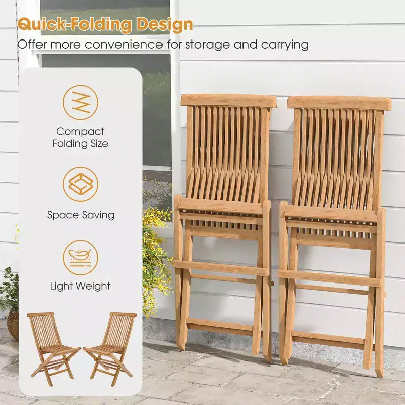 Costway Ensemble bistro de patio 3 pièces - Table carrée, chaise pliante en bois de teck d'Indonésie, plateau et assise à lattes