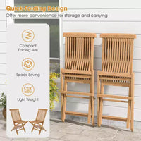 Costway Ensemble bistro de patio 3 pièces - Table carrée, chaise pliante en bois de teck d'Indonésie, plateau et assise à lattes