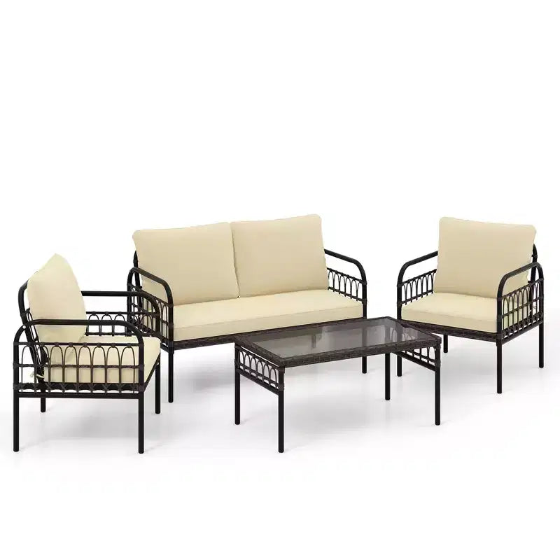 Ensemble de mobilier de patio Costway 4 pièces, ensemble bistro de conversation extérieur en osier avec coussins moelleux