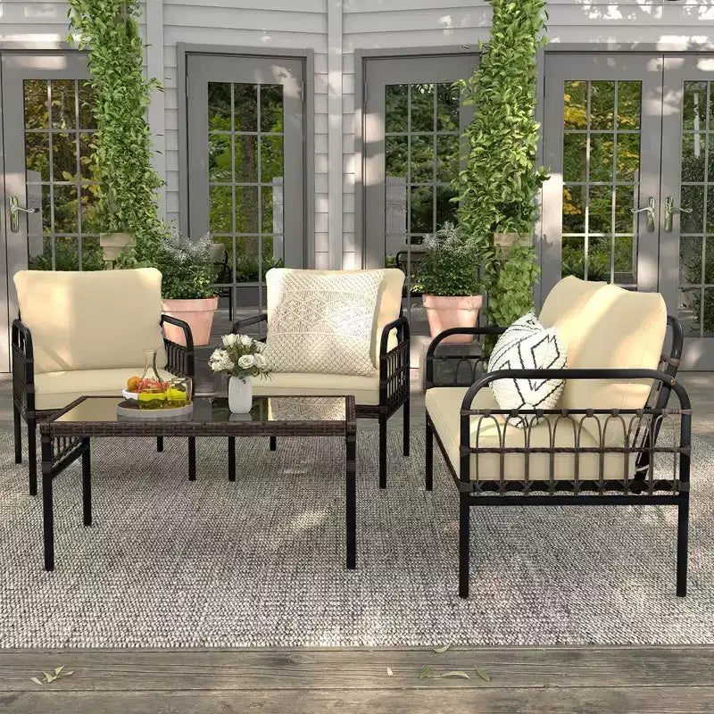 Ensemble de mobilier de patio Costway 4 pièces, ensemble bistro de conversation extérieur en osier avec coussins moelleux