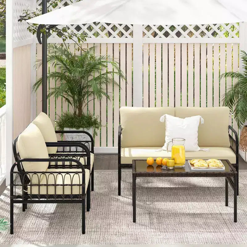 Ensemble de mobilier de patio Costway 4 pièces, ensemble bistro de conversation extérieur en osier avec coussins moelleux