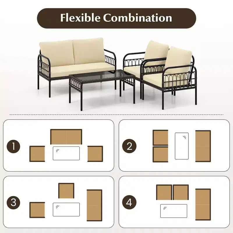 Ensemble de mobilier de patio Costway 4 pièces, ensemble bistro de conversation extérieur en osier avec coussins moelleux