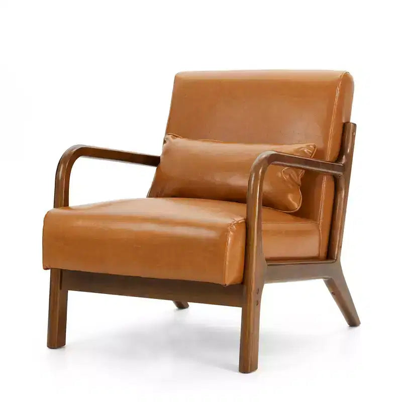 Fauteuil d'appoint à accoudoirs en similicuir moderne du milieu du siècle, cadre en hévéa noyer - Glitzhome