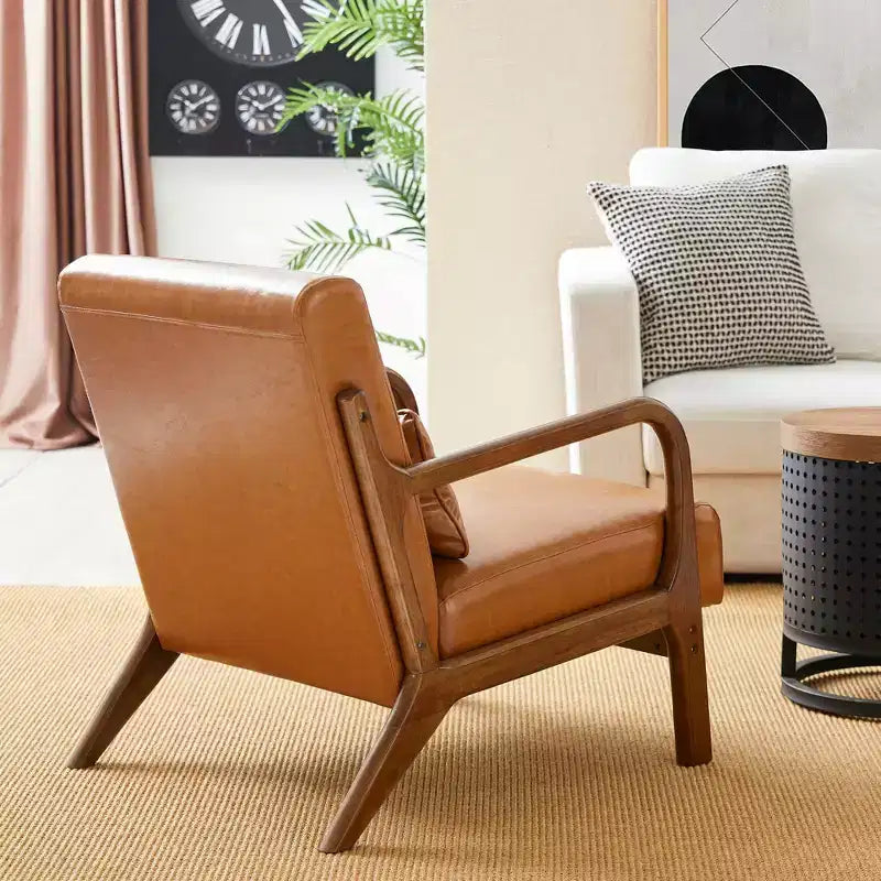 Fauteuil d'appoint à accoudoirs en similicuir moderne du milieu du siècle, cadre en hévéa noyer - Glitzhome