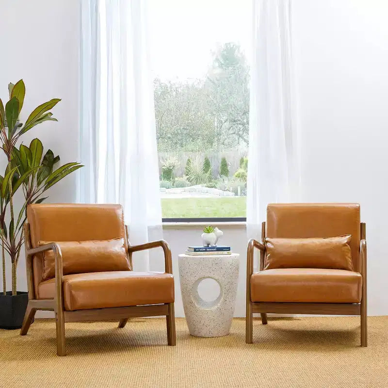 Fauteuil d'appoint à accoudoirs en similicuir moderne du milieu du siècle, cadre en hévéa noyer - Glitzhome
