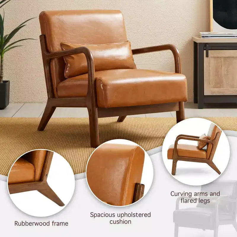 Fauteuil d'appoint à accoudoirs en similicuir moderne du milieu du siècle, cadre en hévéa noyer - Glitzhome