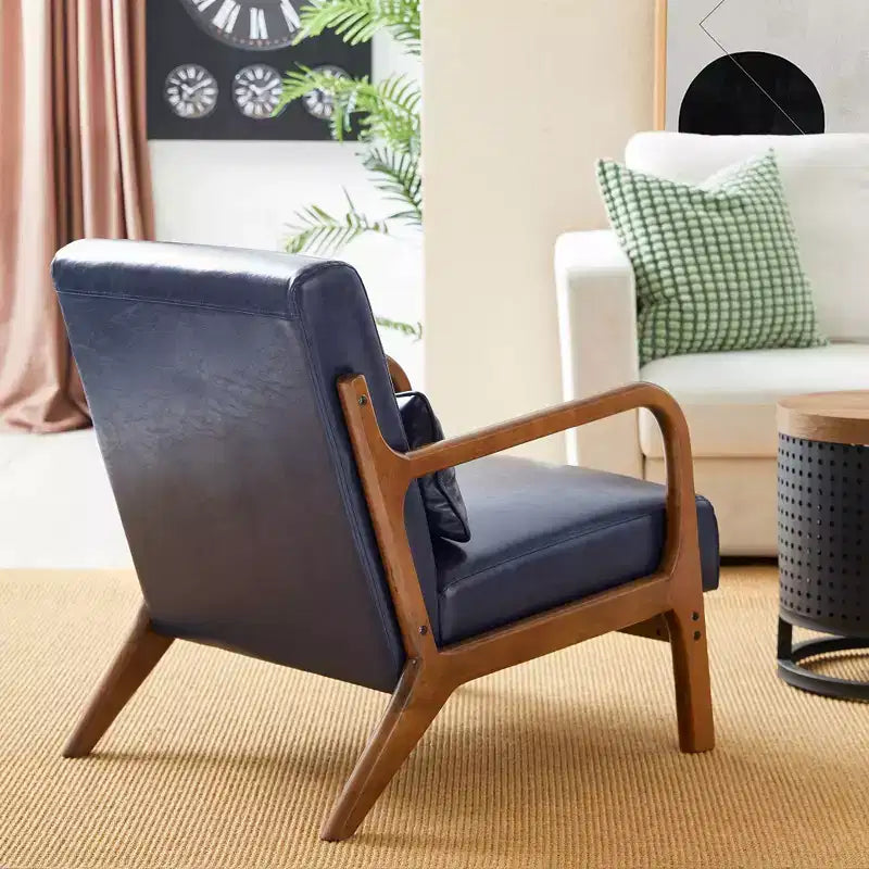 Fauteuil d'appoint à accoudoirs en similicuir moderne du milieu du siècle, cadre en hévéa noyer - Glitzhome