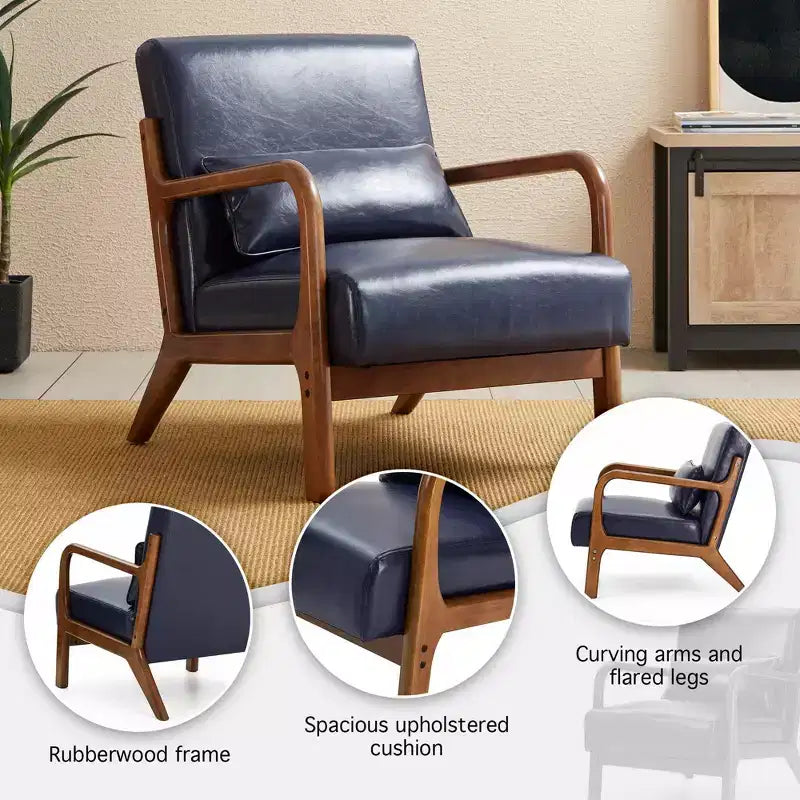 Fauteuil d'appoint à accoudoirs en similicuir moderne du milieu du siècle, cadre en hévéa noyer - Glitzhome