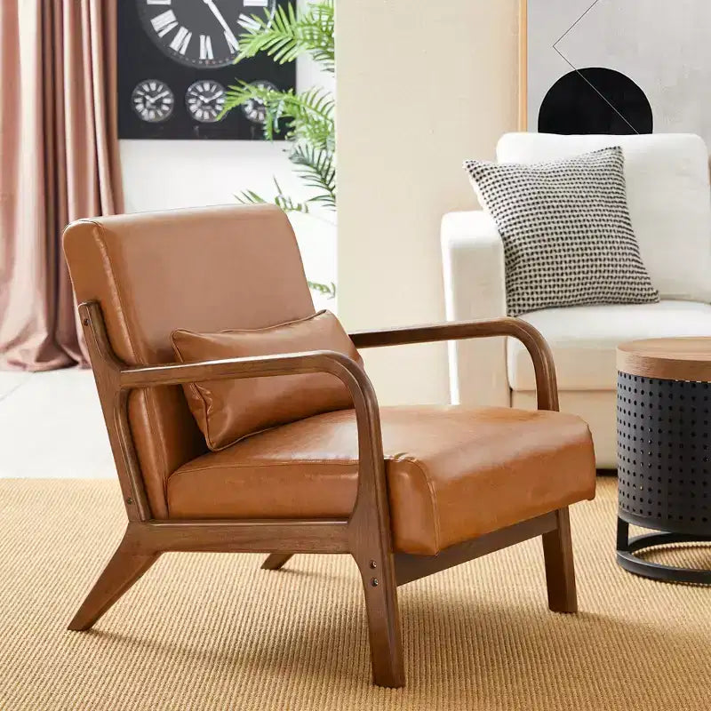 Fauteuil d'appoint à accoudoirs en similicuir moderne du milieu du siècle, cadre en hévéa noyer - Glitzhome