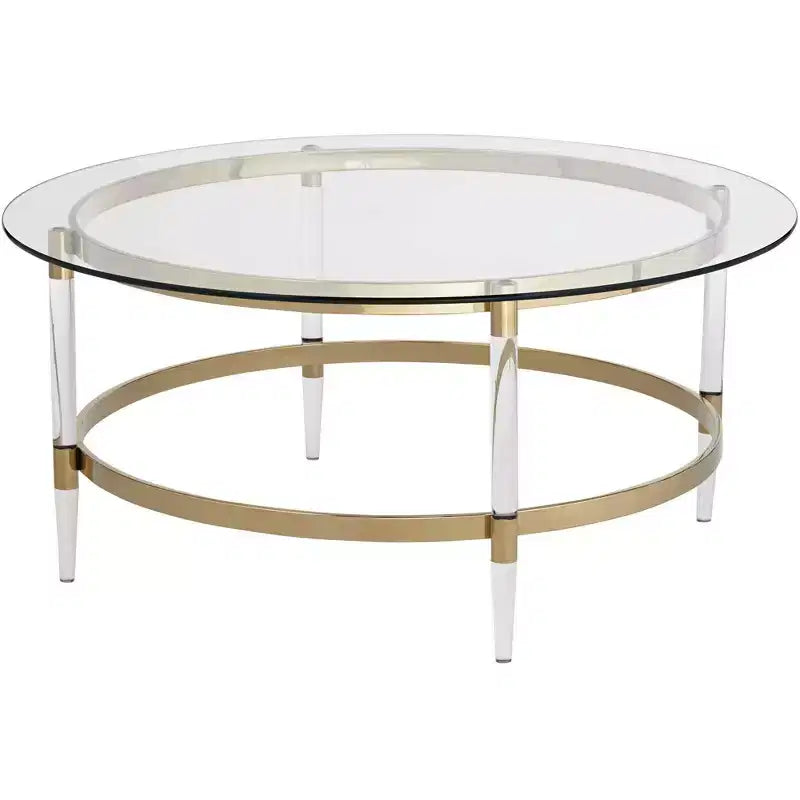 Table basse ronde or moderne minimaliste 55 Downing Street Saarinen, 38 po de large, plateau et pieds en verre transparent pour salon, chambre, maison