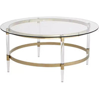 Table basse ronde or moderne minimaliste 55 Downing Street Saarinen, 38 po de large, plateau et pieds en verre transparent pour salon, chambre, maison