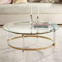 Table basse ronde or moderne minimaliste 55 Downing Street Saarinen, 38 po de large, plateau et pieds en verre transparent pour salon, chambre, maison