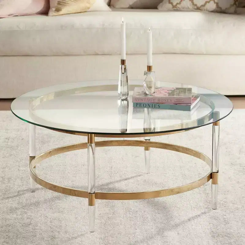 Table basse ronde or moderne minimaliste 55 Downing Street Saarinen, 38 po de large, plateau et pieds en verre transparent pour salon, chambre, maison