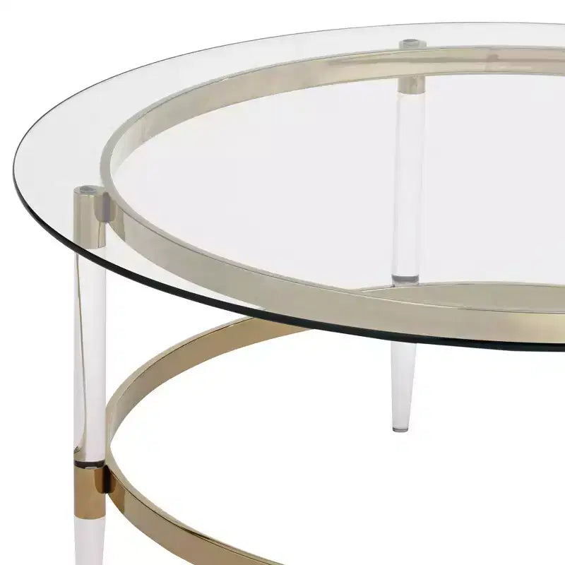 Table basse ronde or moderne minimaliste 55 Downing Street Saarinen, 38 po de large, plateau et pieds en verre transparent pour salon, chambre, maison