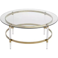 Table basse ronde or moderne minimaliste 55 Downing Street Saarinen, 38 po de large, plateau et pieds en verre transparent pour salon, chambre, maison