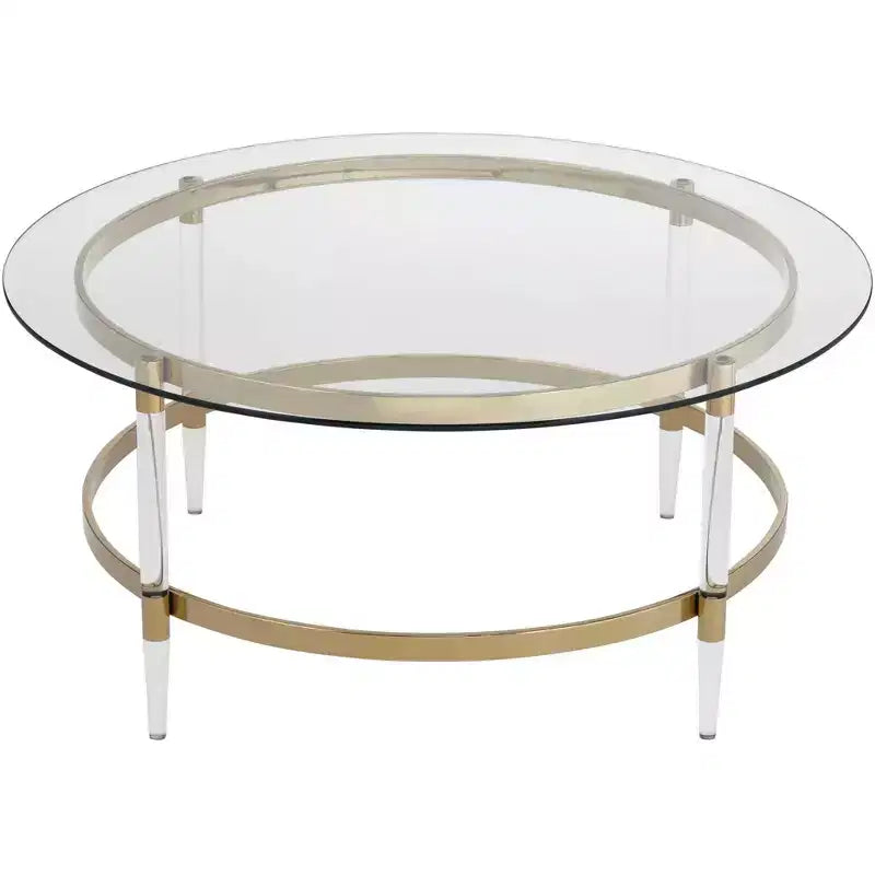 Table basse ronde or moderne minimaliste 55 Downing Street Saarinen, 38 po de large, plateau et pieds en verre transparent pour salon, chambre, maison