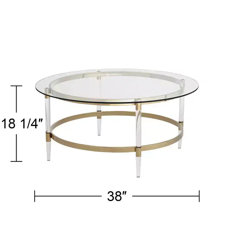 Table basse ronde or moderne minimaliste 55 Downing Street Saarinen, 38 po de large, plateau et pieds en verre transparent pour salon, chambre, maison