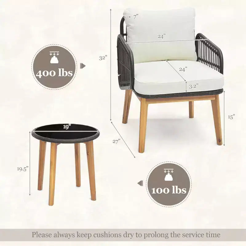 Ensemble de meubles de patio Costway 3 pièces avec chaises rembourrées et table d'appoint en verre trempé