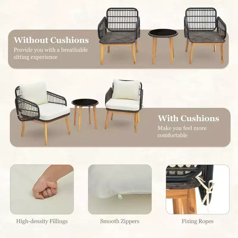 Ensemble de meubles de patio Costway 3 pièces avec chaises rembourrées et table d'appoint en verre trempé