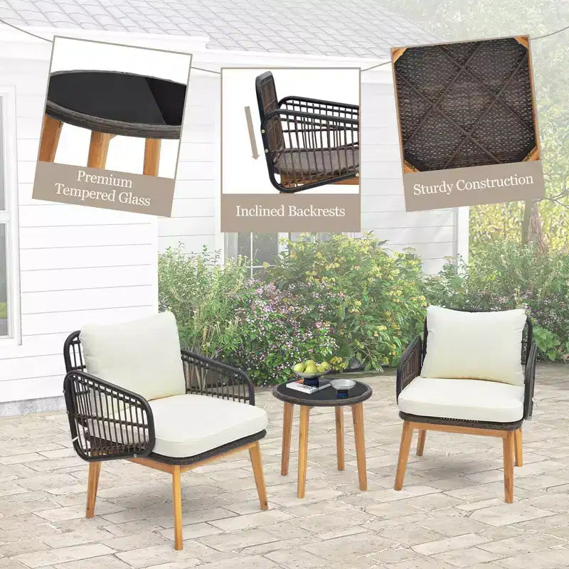 Ensemble de meubles de patio Costway 3 pièces avec chaises rembourrées et table d'appoint en verre trempé