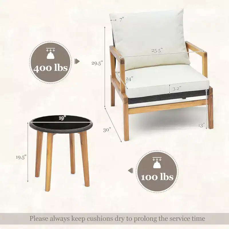 Costway Ensemble de mobilier d'extérieur 3 pièces avec chaises rembourrées et table d'appoint en verre trempé