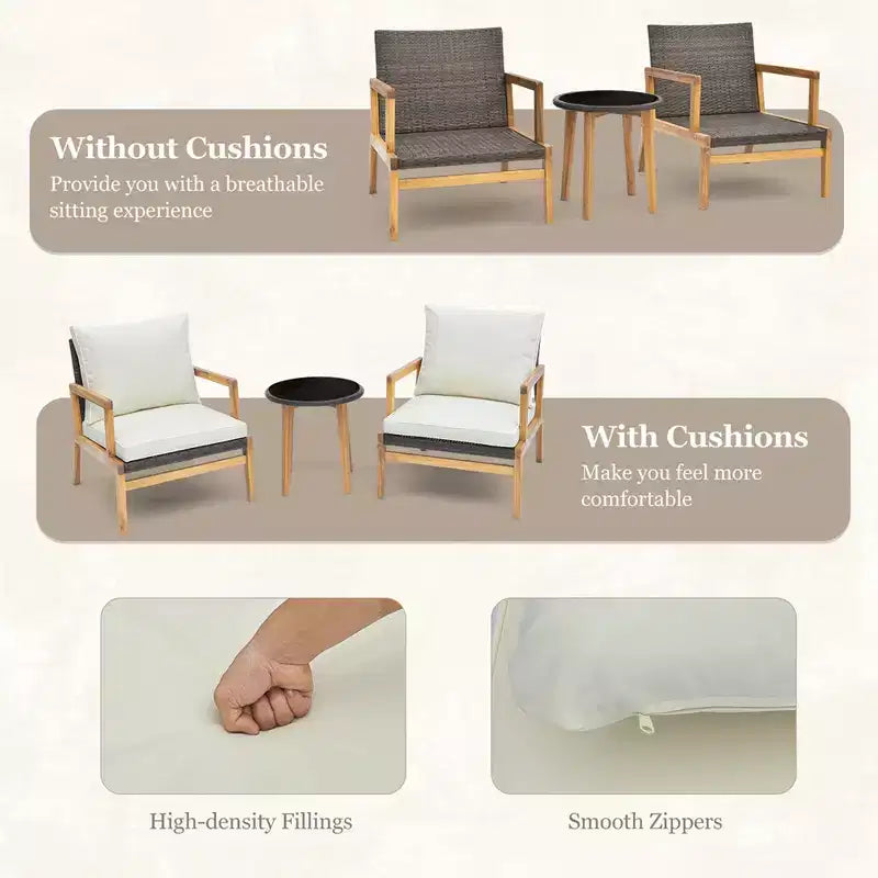 Costway Ensemble de mobilier d'extérieur 3 pièces avec chaises rembourrées et table d'appoint en verre trempé
