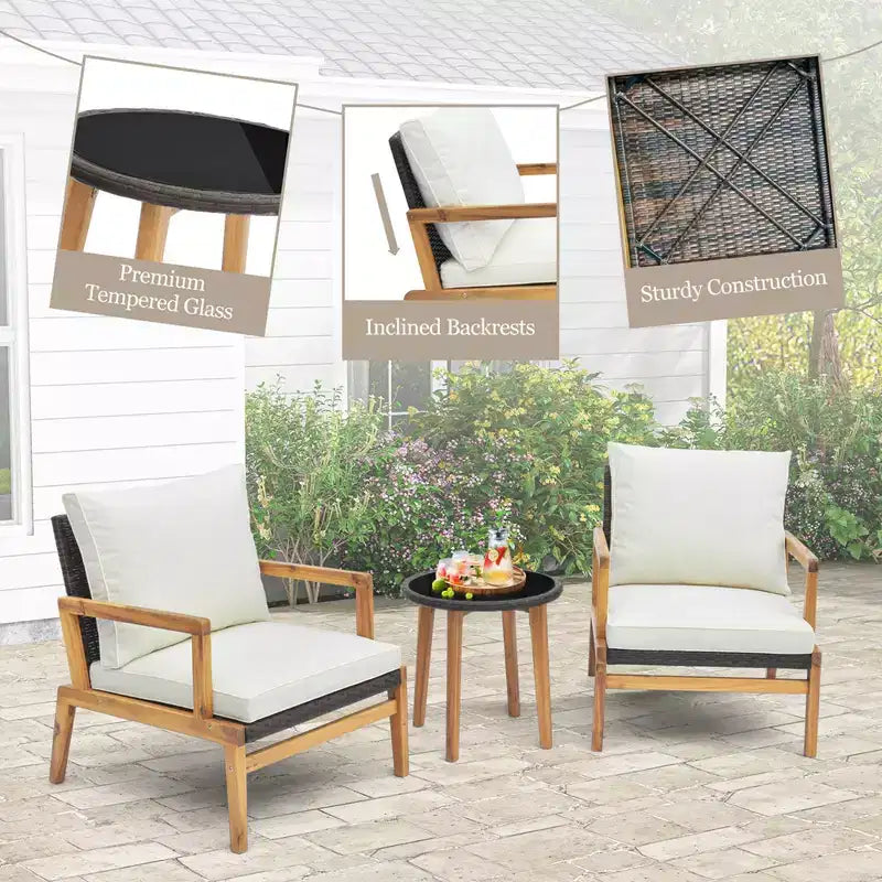 Costway Ensemble de mobilier d'extérieur 3 pièces avec chaises rembourrées et table d'appoint en verre trempé