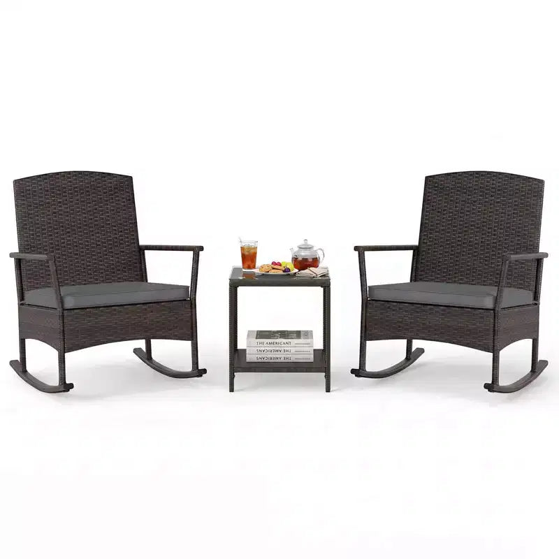Costway Ensemble de 3 Meubles de Jardin à Bascule avec Fauteuils à Bascule en Osier et Table Basse à 2 Niveaux Turquoise/Blanc Cassé/Noir