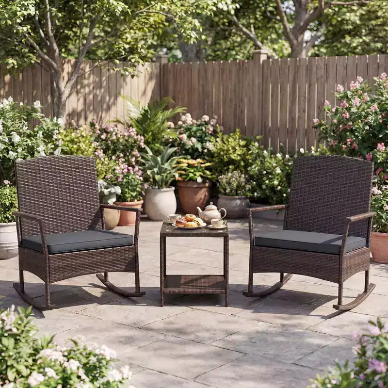 Costway Ensemble de 3 Meubles de Jardin à Bascule avec Fauteuils à Bascule en Osier et Table Basse à 2 Niveaux Turquoise/Blanc Cassé/Noir