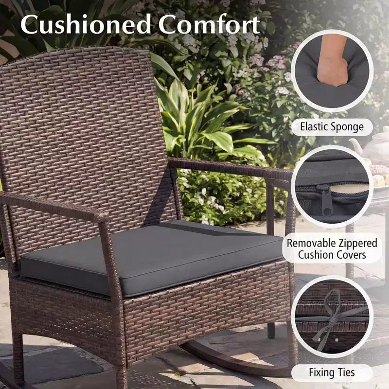 Costway Ensemble de 3 Meubles de Jardin à Bascule avec Fauteuils à Bascule en Osier et Table Basse à 2 Niveaux Turquoise/Blanc Cassé/Noir
