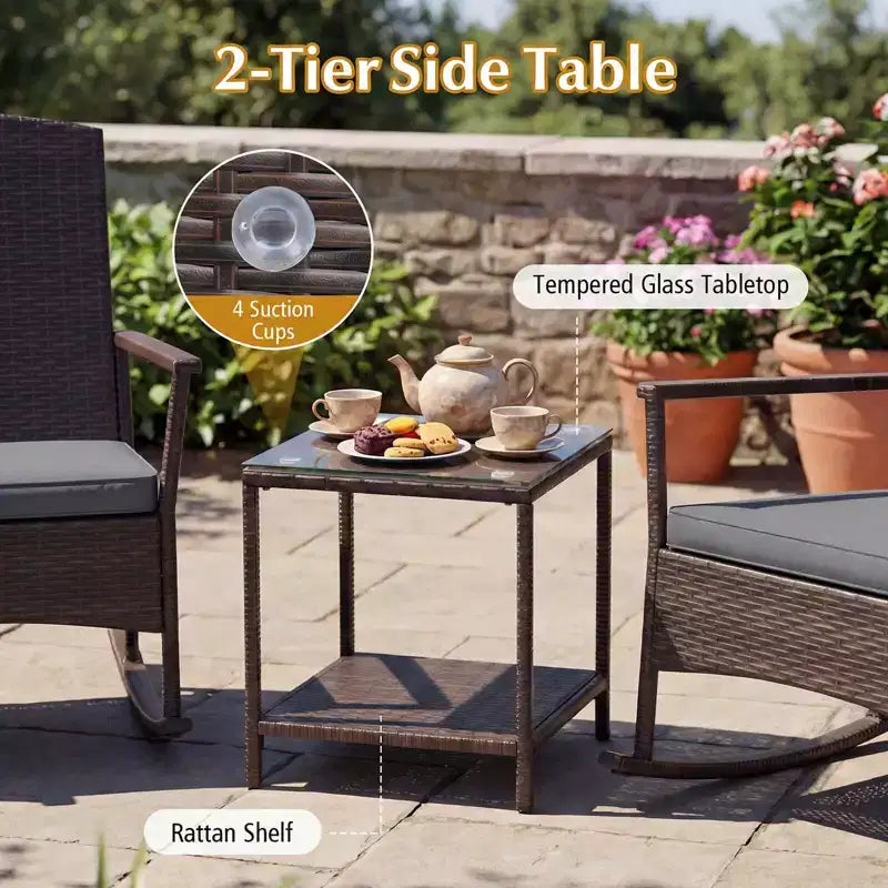 Costway Ensemble de 3 Meubles de Jardin à Bascule avec Fauteuils à Bascule en Osier et Table Basse à 2 Niveaux Turquoise/Blanc Cassé/Noir