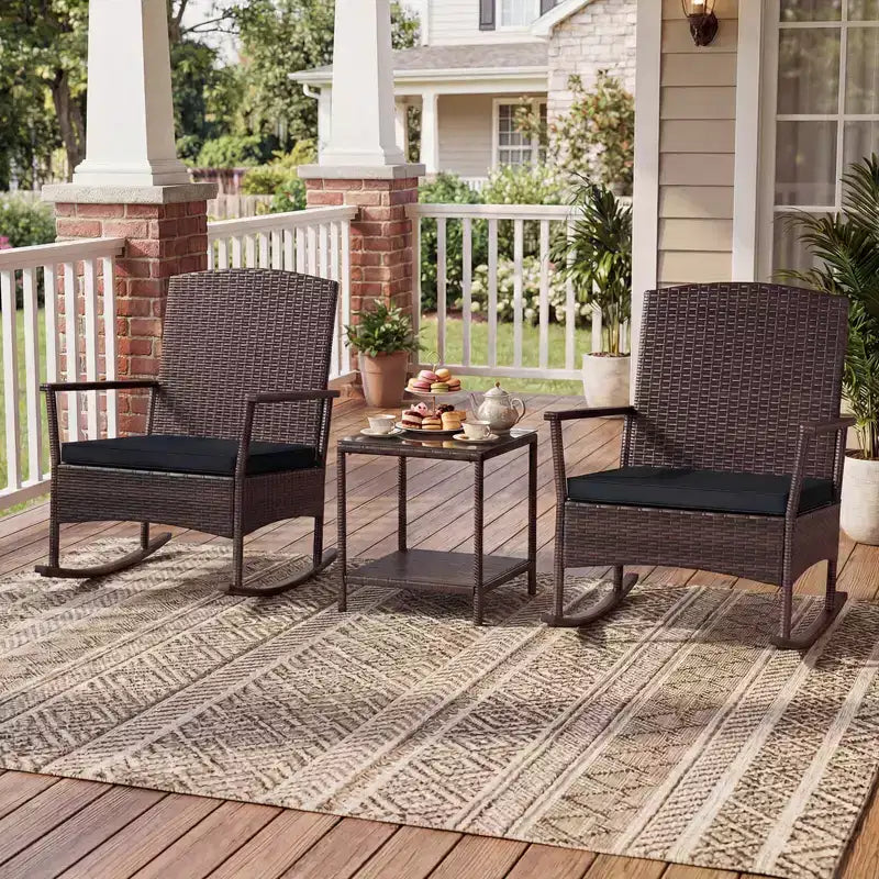 Costway Ensemble de 3 Meubles de Jardin à Bascule avec Fauteuils à Bascule en Osier et Table Basse à 2 Niveaux Turquoise/Blanc Cassé/Noir