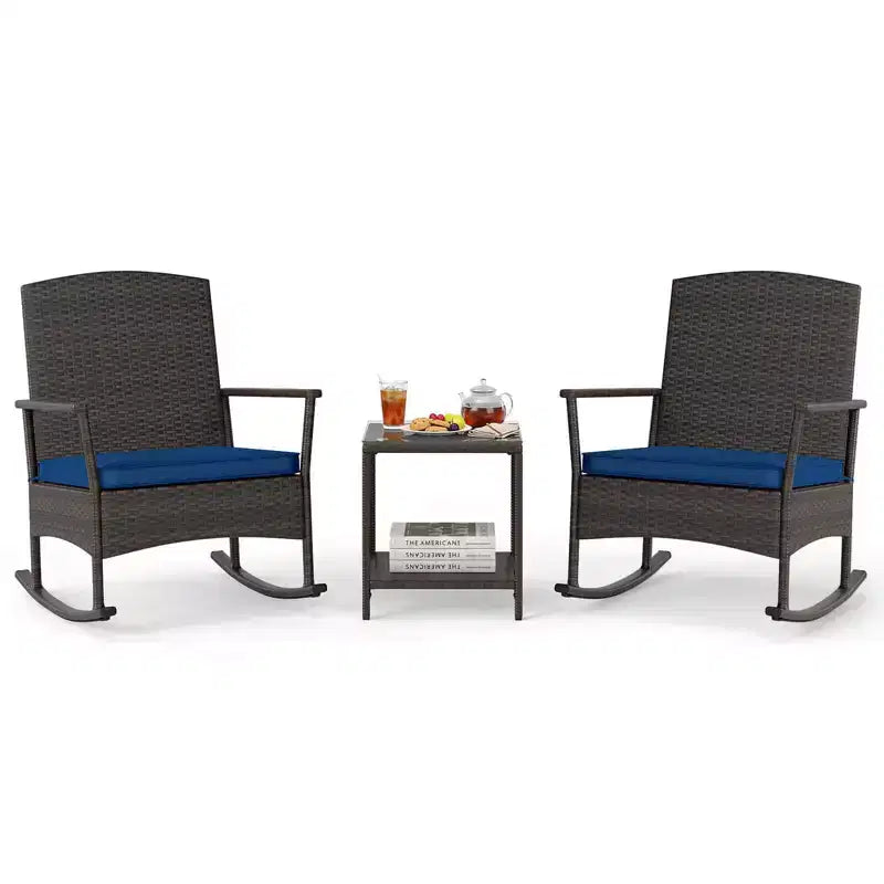 Costway Ensemble de 3 Meubles de Jardin à Bascule avec Fauteuils à Bascule en Osier et Table Basse à 2 Niveaux Turquoise/Blanc Cassé/Noir