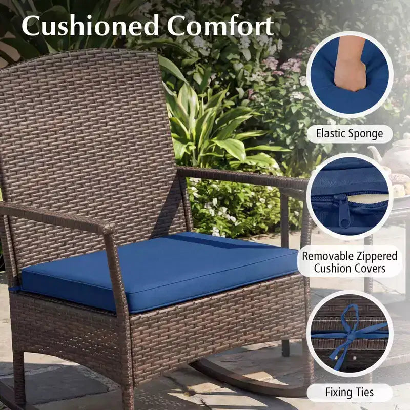 Costway Ensemble de 3 Meubles de Jardin à Bascule avec Fauteuils à Bascule en Osier et Table Basse à 2 Niveaux Turquoise/Blanc Cassé/Noir