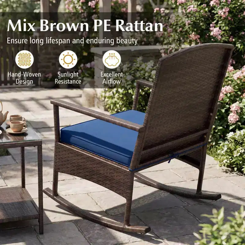 Costway Ensemble de 3 Meubles de Jardin à Bascule avec Fauteuils à Bascule en Osier et Table Basse à 2 Niveaux Turquoise/Blanc Cassé/Noir