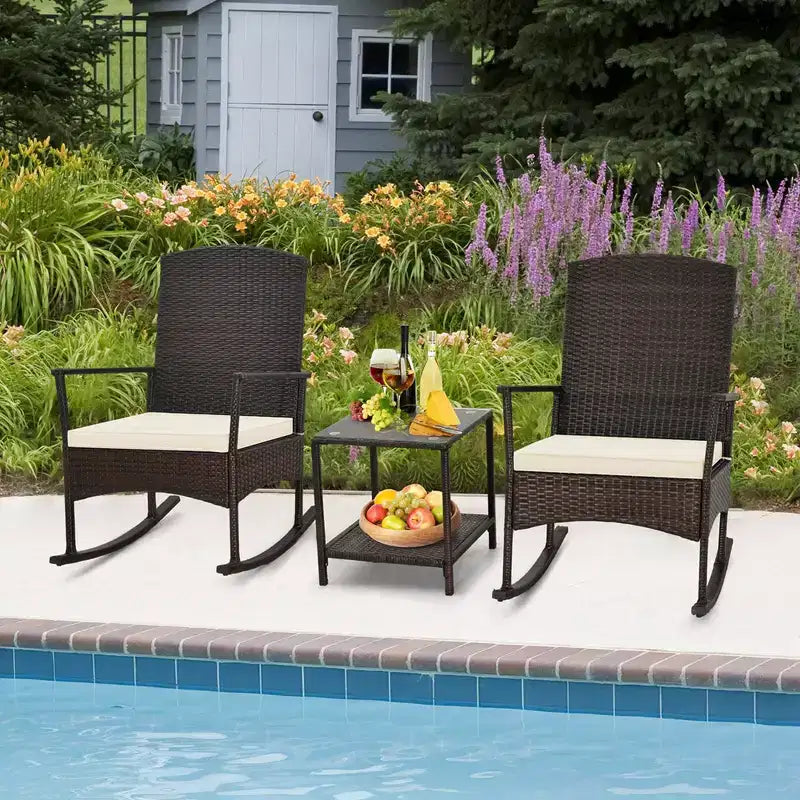Costway Ensemble de 3 Meubles de Jardin à Bascule avec Fauteuils à Bascule en Osier et Table Basse à 2 Niveaux Turquoise/Blanc Cassé/Noir