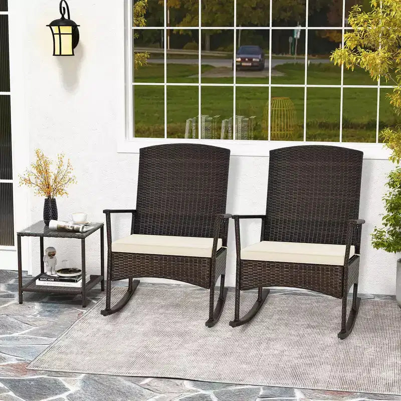 Costway Ensemble de 3 Meubles de Jardin à Bascule avec Fauteuils à Bascule en Osier et Table Basse à 2 Niveaux Turquoise/Blanc Cassé/Noir