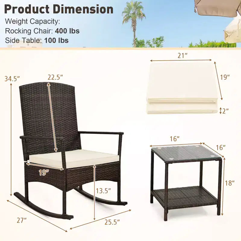 Costway Ensemble de 3 Meubles de Jardin à Bascule avec Fauteuils à Bascule en Osier et Table Basse à 2 Niveaux Turquoise/Blanc Cassé/Noir