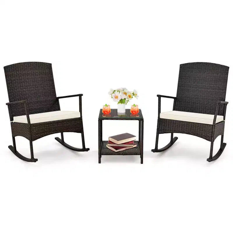 Costway Ensemble de 3 Meubles de Jardin à Bascule avec Fauteuils à Bascule en Osier et Table Basse à 2 Niveaux Turquoise/Blanc Cassé/Noir