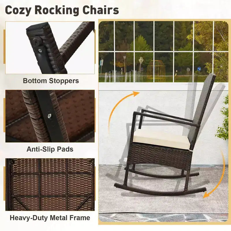 Costway Ensemble de 3 Meubles de Jardin à Bascule avec Fauteuils à Bascule en Osier et Table Basse à 2 Niveaux Turquoise/Blanc Cassé/Noir