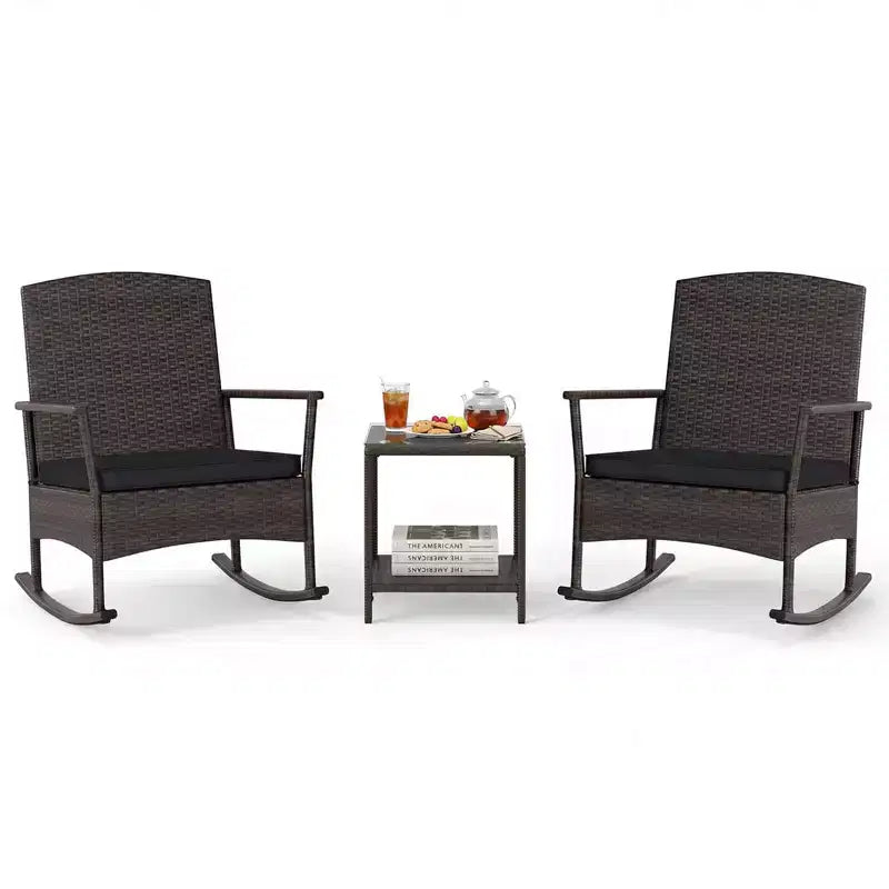 Costway Ensemble de 3 Meubles de Jardin à Bascule avec Fauteuils à Bascule en Osier et Table Basse à 2 Niveaux Turquoise/Blanc Cassé/Noir