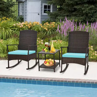 Costway Ensemble de 3 Meubles de Jardin à Bascule avec Fauteuils à Bascule en Osier et Table Basse à 2 Niveaux Turquoise/Blanc Cassé/Noir