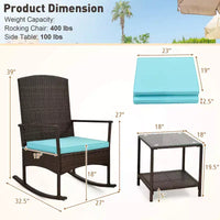 Costway Ensemble de 3 Meubles de Jardin à Bascule avec Fauteuils à Bascule en Osier et Table Basse à 2 Niveaux Turquoise/Blanc Cassé/Noir