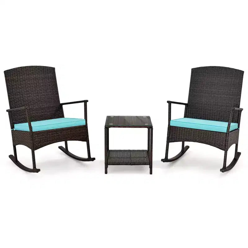 Costway Ensemble de 3 Meubles de Jardin à Bascule avec Fauteuils à Bascule en Osier et Table Basse à 2 Niveaux Turquoise/Blanc Cassé/Noir