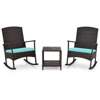 Costway Ensemble de 3 Meubles de Jardin à Bascule avec Fauteuils à Bascule en Osier et Table Basse à 2 Niveaux Turquoise/Blanc Cassé/Noir