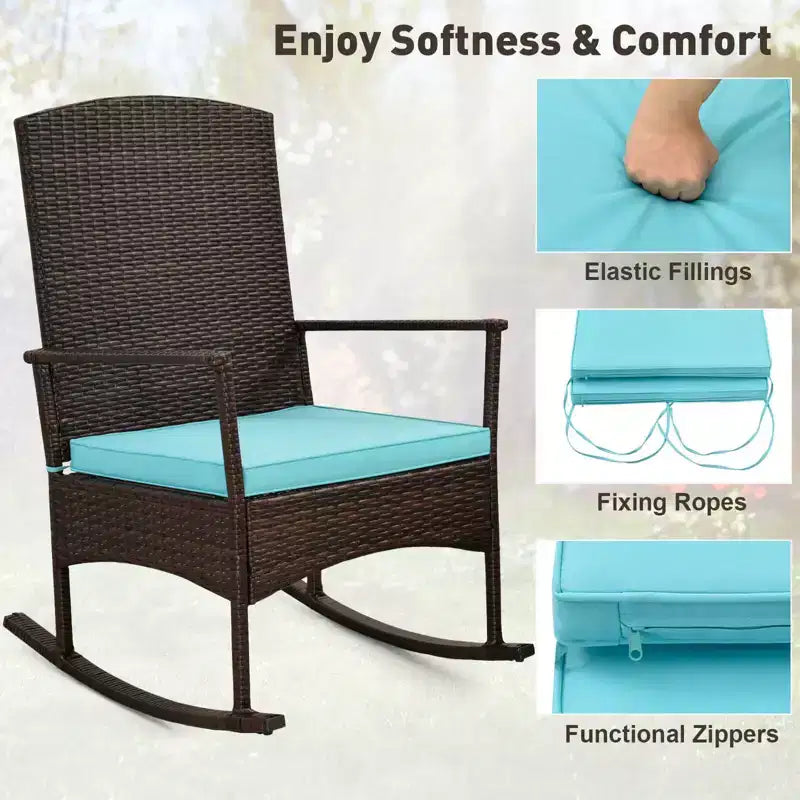 Costway Ensemble de 3 Meubles de Jardin à Bascule avec Fauteuils à Bascule en Osier et Table Basse à 2 Niveaux Turquoise/Blanc Cassé/Noir